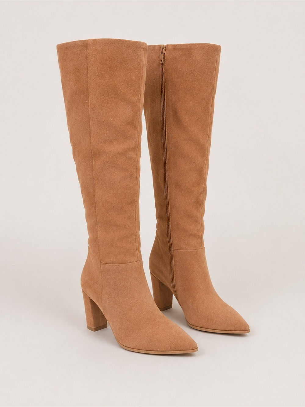 Western Inspired Knee High Boots Tan Faux Suede Size 8 Block Heel Zip